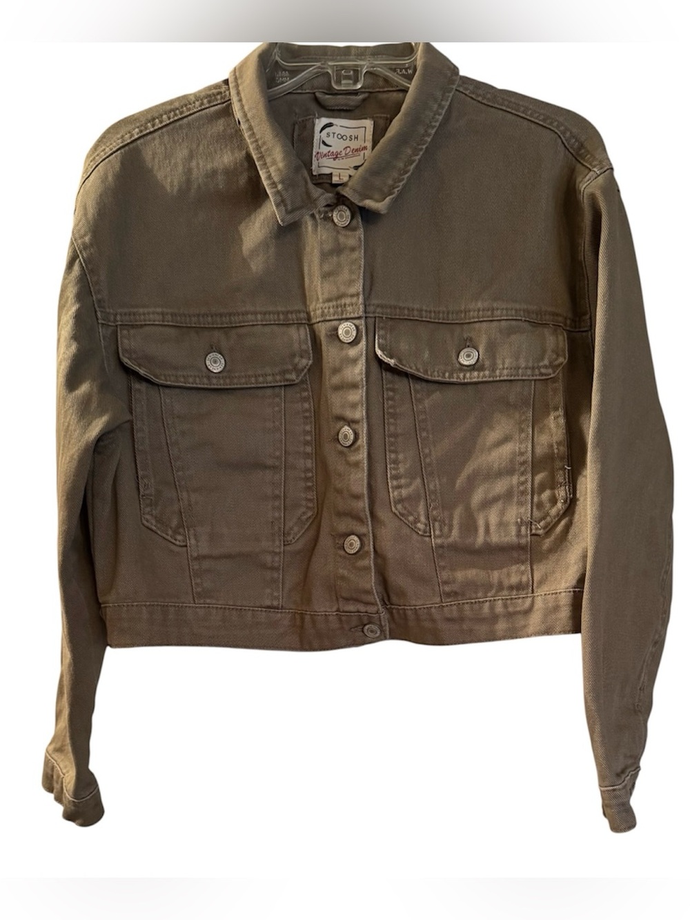 Stoosh Olive Green Women’s Cropped Denim Jacket with Chest Pockets
